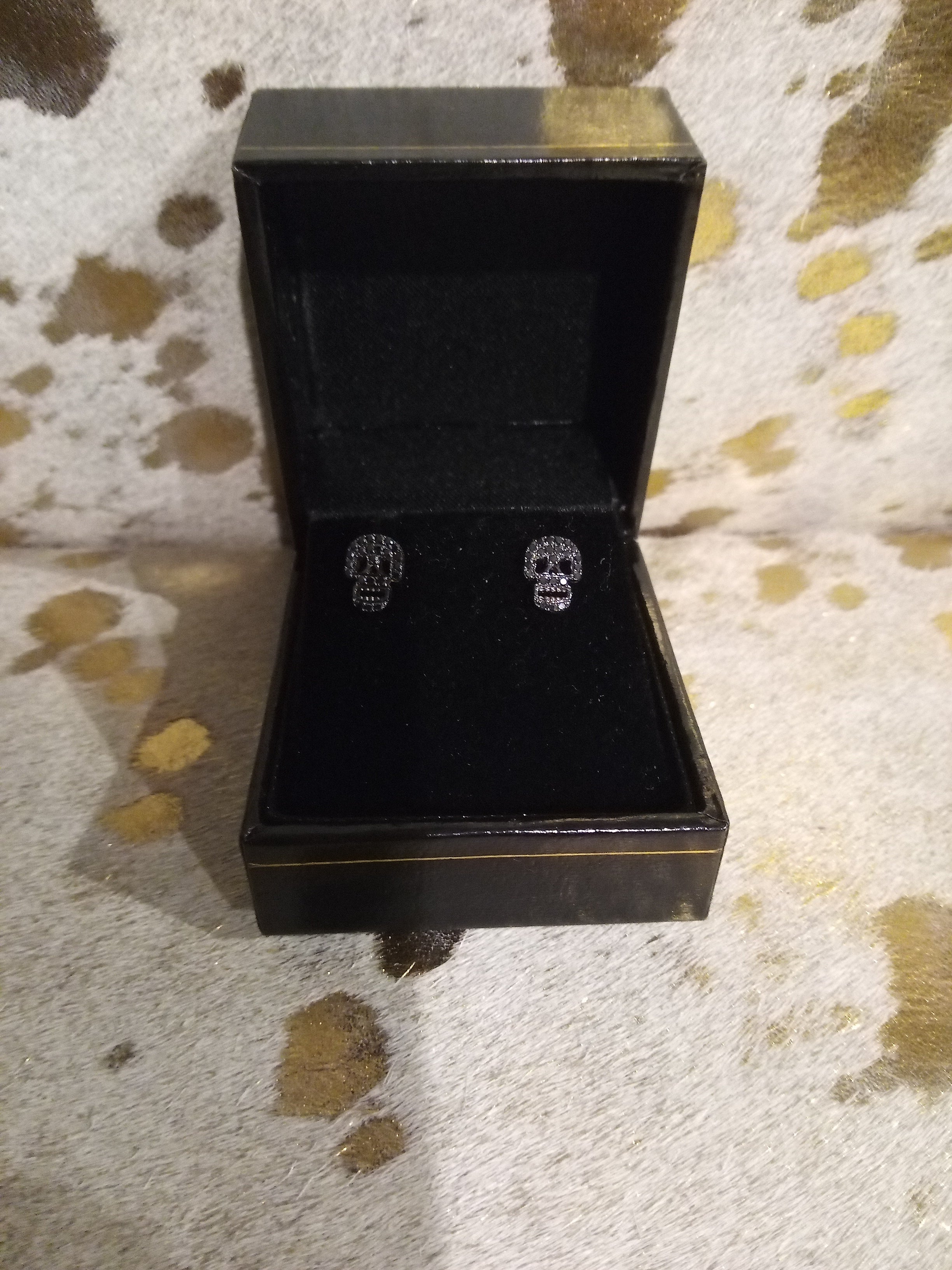 14k Black Diamond Skull Stud Earrings