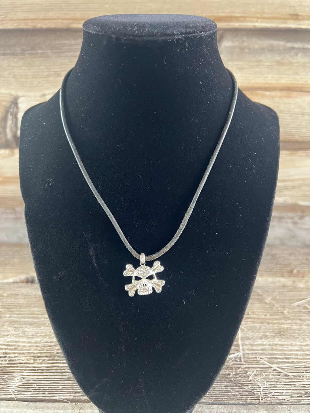 14K White Gold Diamond Skull Pendant on Cloth Cord