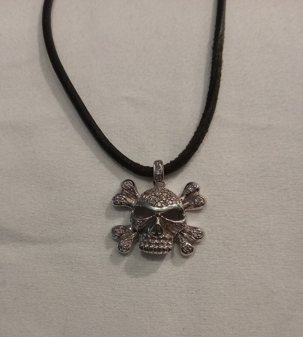 14K White Gold Diamond Skull Pendant on Cloth Cord